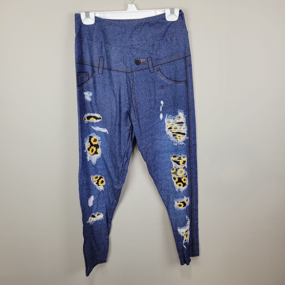 Dren Designs Faux‎ Distressed Denim Sunflower Accents Leggings Tall And Curvy